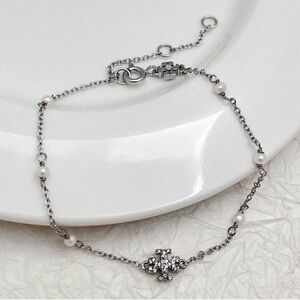 Tory Burch Silver Bracelet with Tiny Pearl & Tiny TB Logo